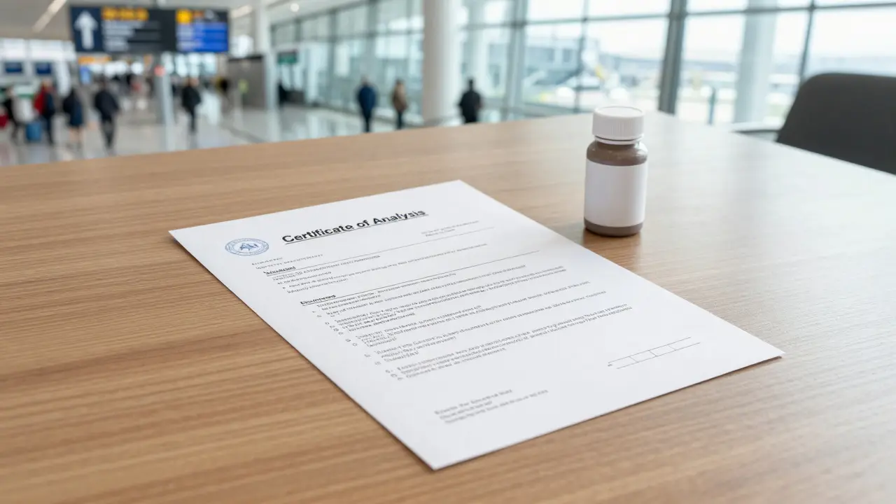 Certifikát analýzy CoA a neutrální obal s gumi s letištěm v pozadí.