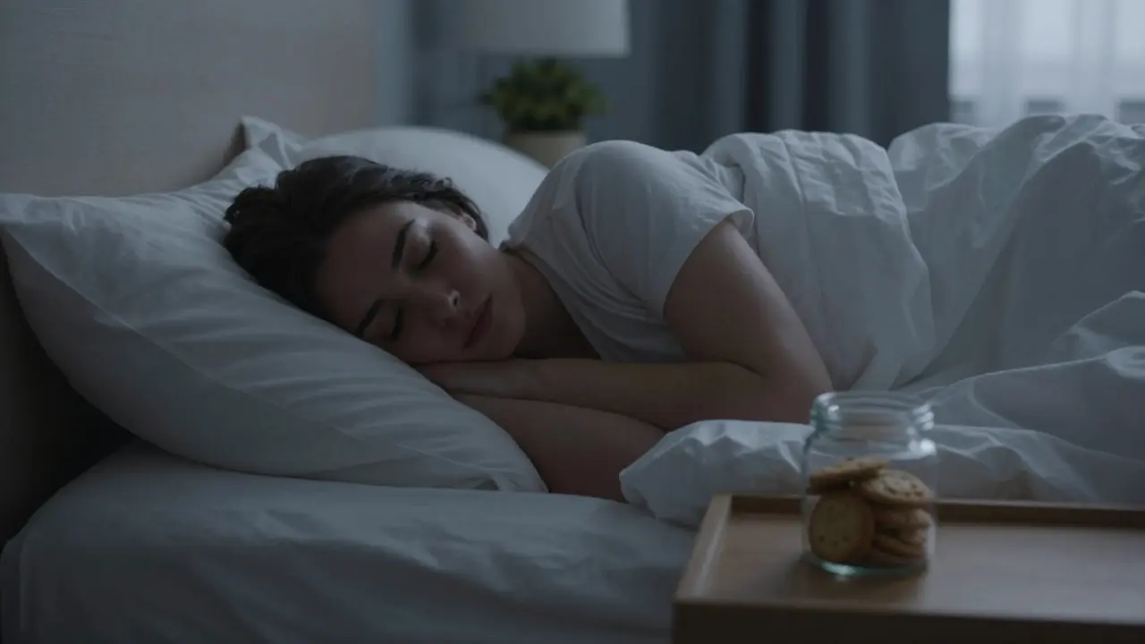 Člověk klidně spící v posteli s CBD cookies na nočním stolku.