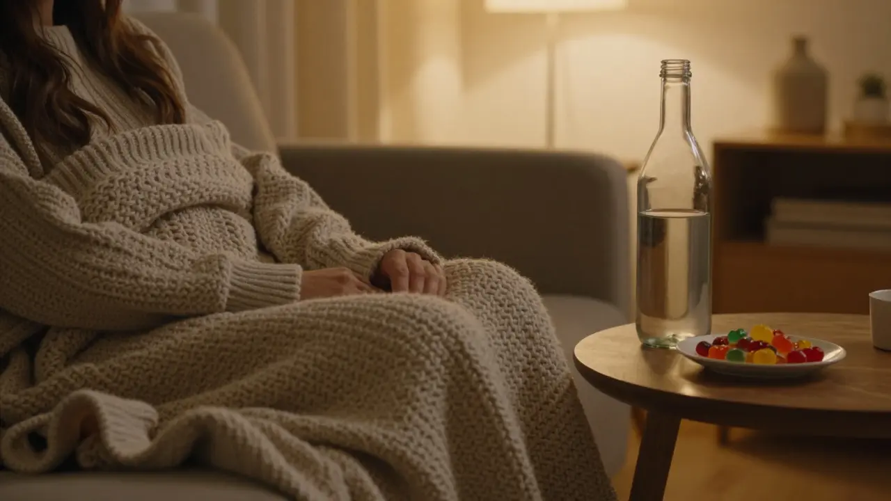 Člověk odpočívající v hřejivé dece s vodou a konopnými bonbonama.