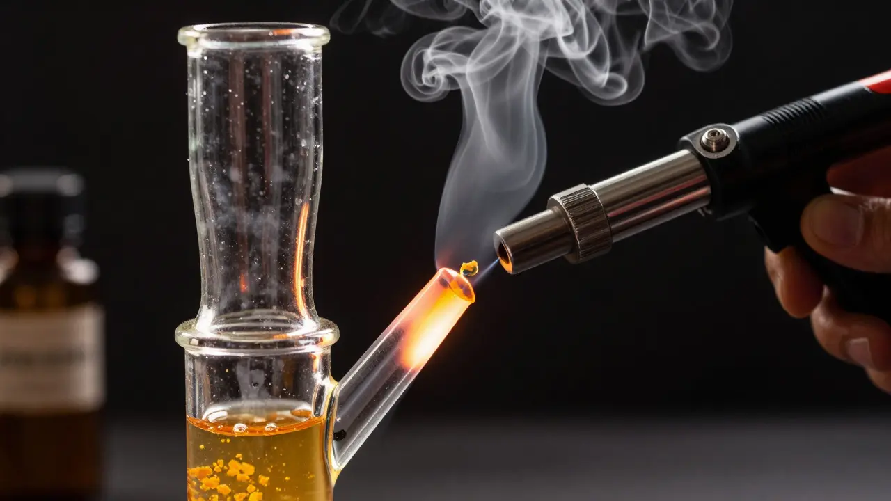 Detail vaporizačního zařízení dab rig s rozpouštějícím se zlatým koncentrátem.