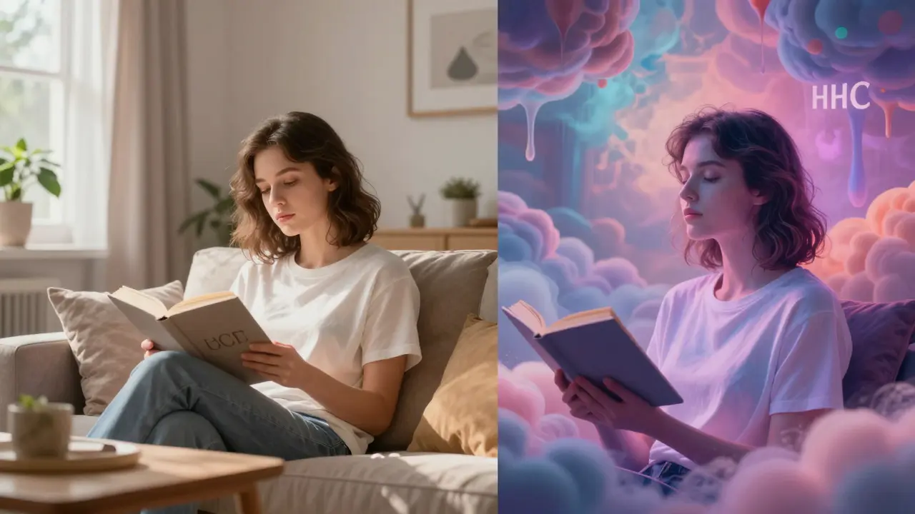 Ilustrace rozdílu mezi jasnou relaxací CBD a euforií HHC.