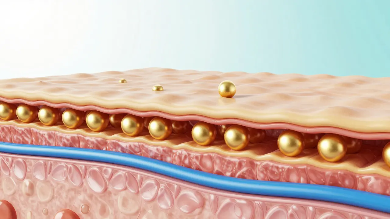 Ilustrace vstřebávání CBD molekul v horních vrstvách kůže.
