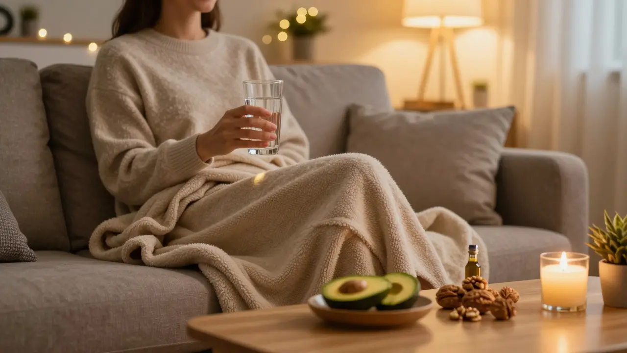 Klidně relaxující osoba v obývacím pokoji s avokádem a vlašskými ořechy na stole.