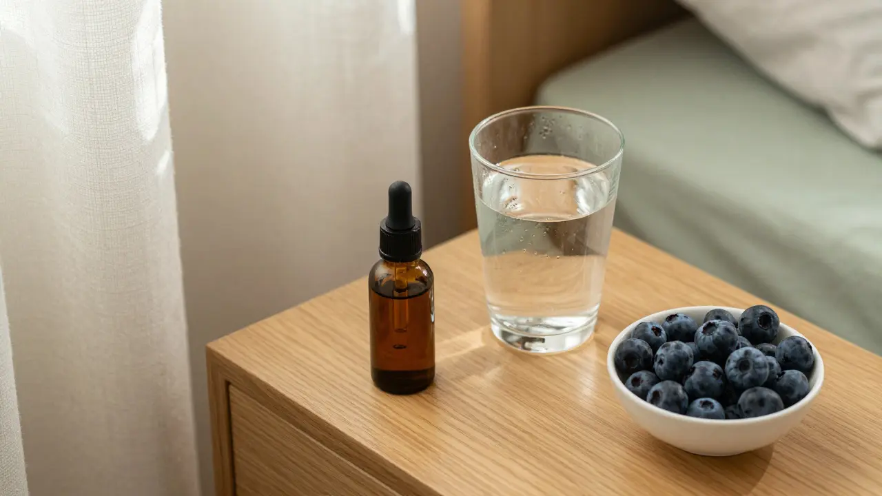 Klidné stále życie s CBD olejem, sklenicí vody a ovocem v přirozeném světle.