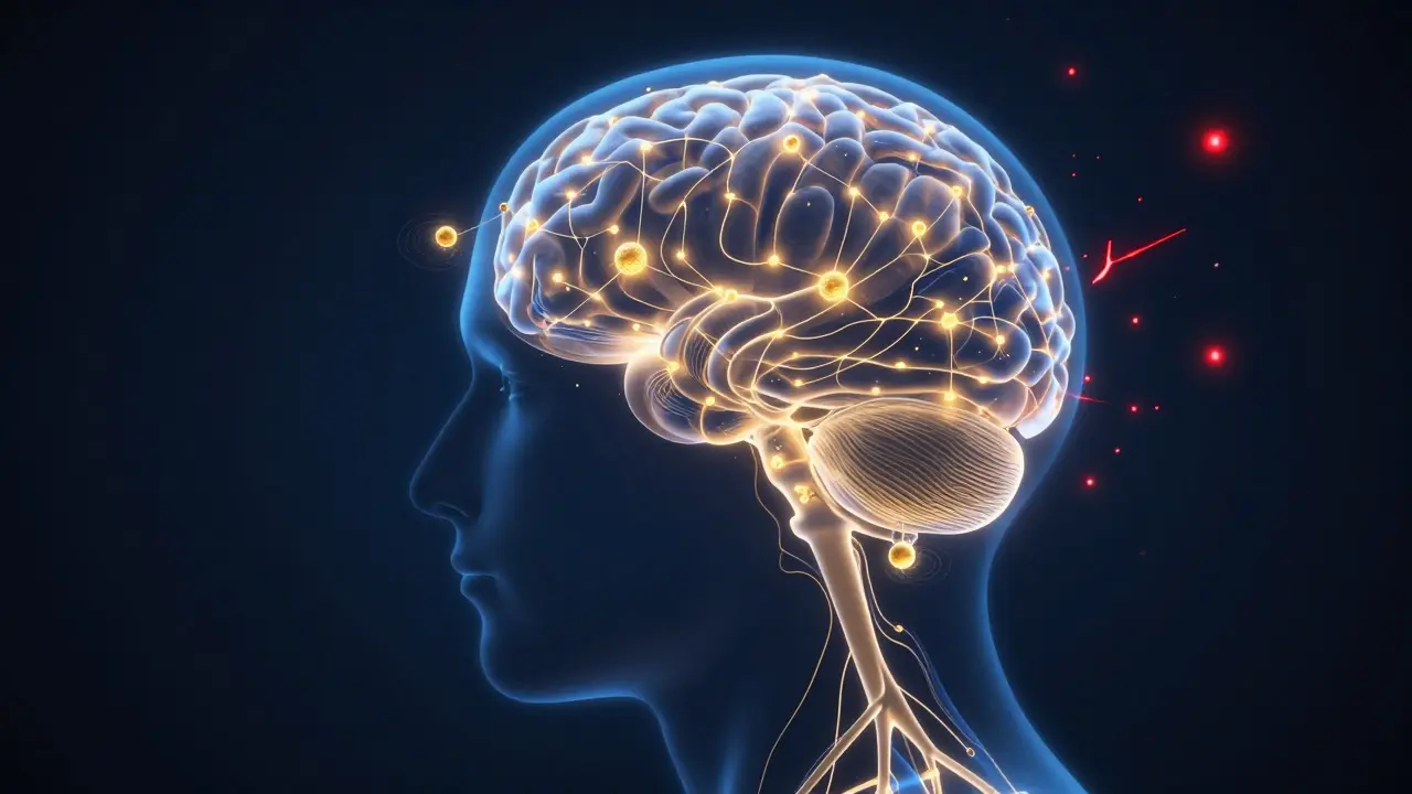 Konceptuální ilustrace CBD molekul působících na receptory v lidském těle.