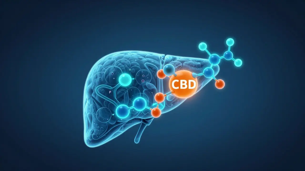 Konceptuální ilustrace interakce CBD s enzymy v játrech seniora.