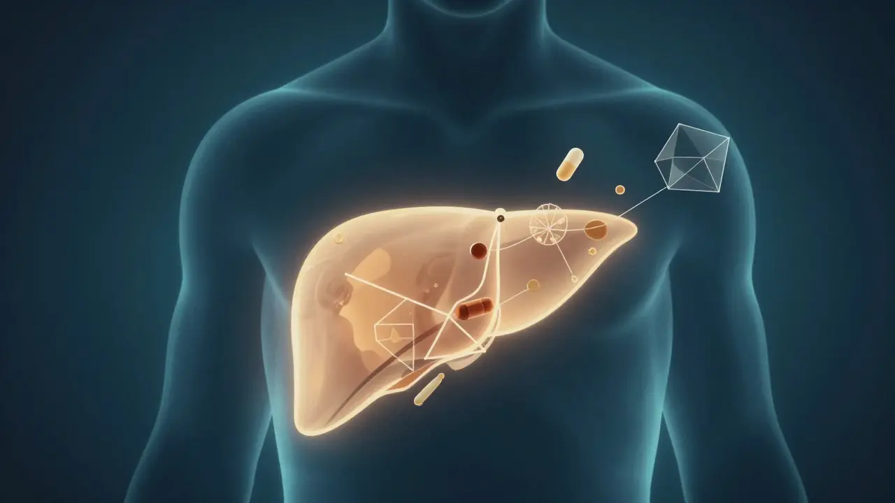 Konceptuální ilustrace interakce CBD s léky v játře psa.