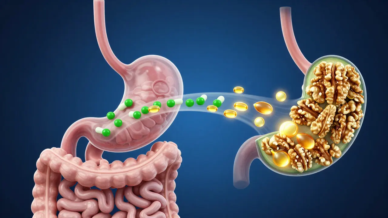 Konceptuální ilustrace vstřebávání CBD s pomocí tuků v těle.