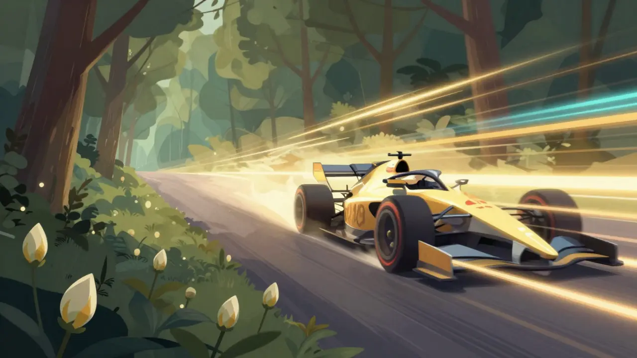 Konceptuální obraz znázornující rozdíl mezi klidnou procházkou a rychlostí závodního auta.