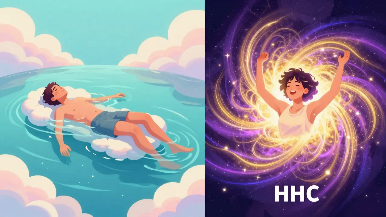 Konceptuální srovnání relaxace Delta 8 a euforie HHC.