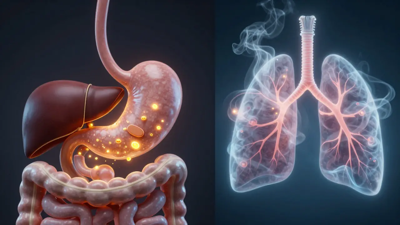 Konceptuální srovnání vstřebávání CBD potravin a inhalace.