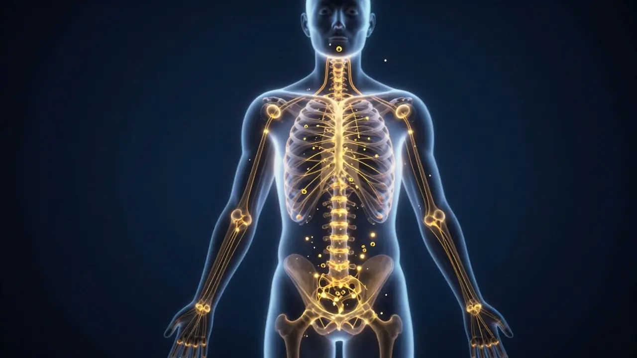 Konceptuální vizualizace endocannabinoidního systému v lidském těle.