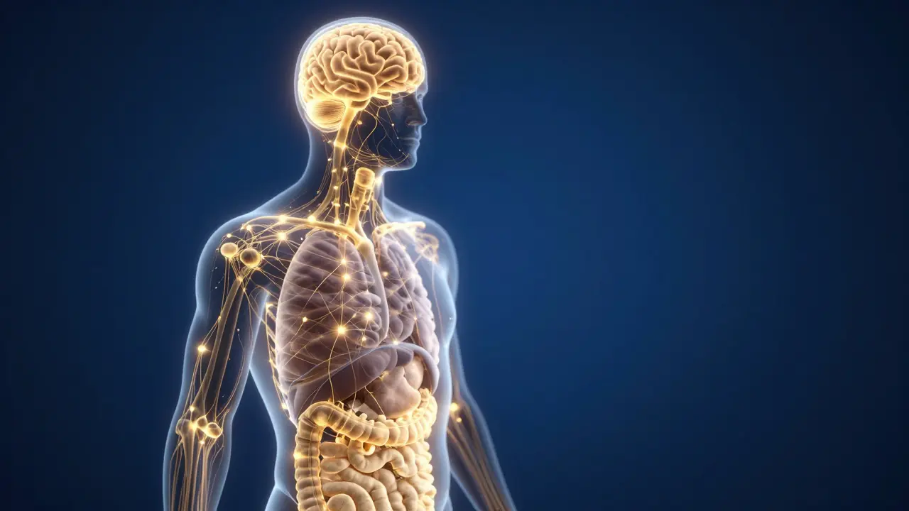 Konceptuální vizualizace endokanabinoidního systému jako zlatá síť receptorů v těle.