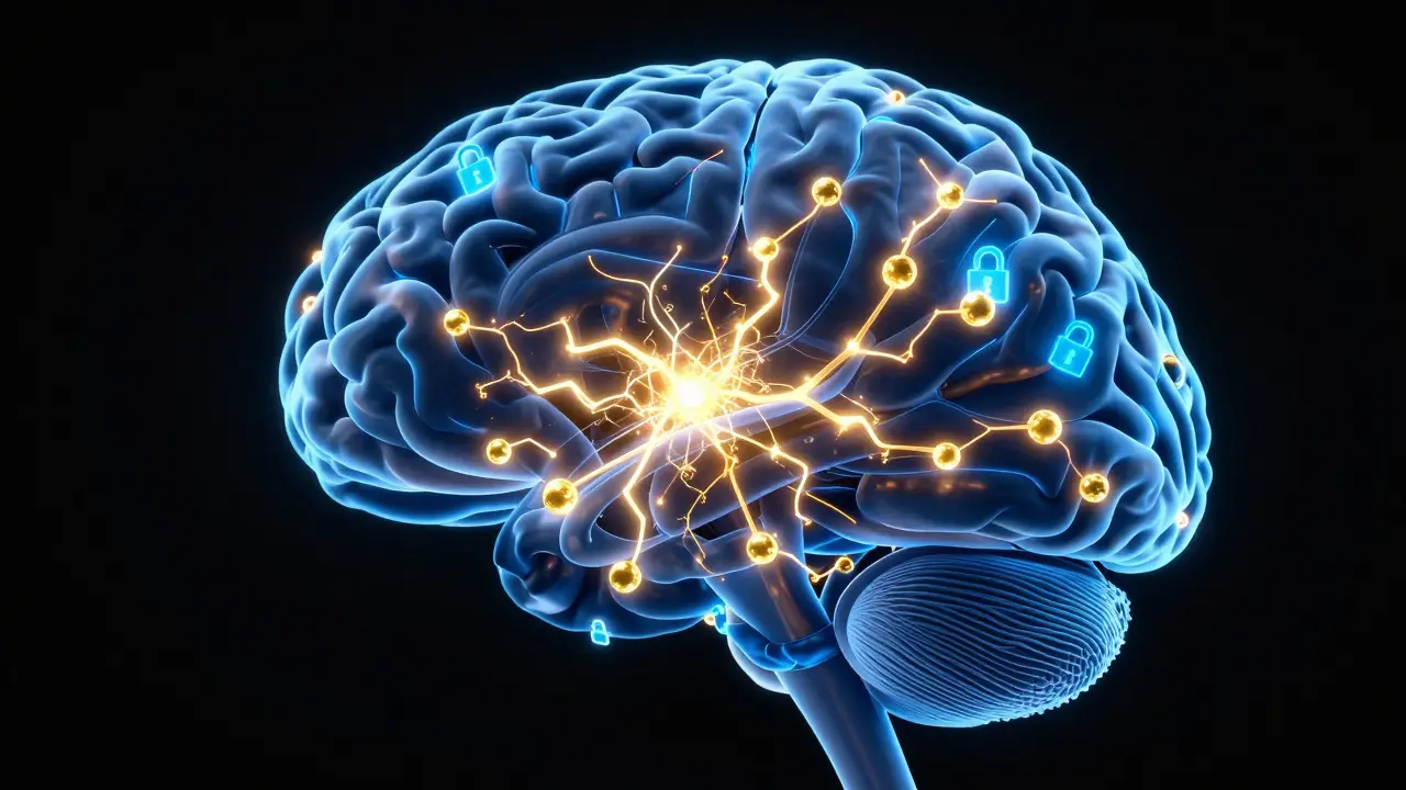 Konceptuální vizualizace thujonu blokujícího GABA receptory v lidském mozku.