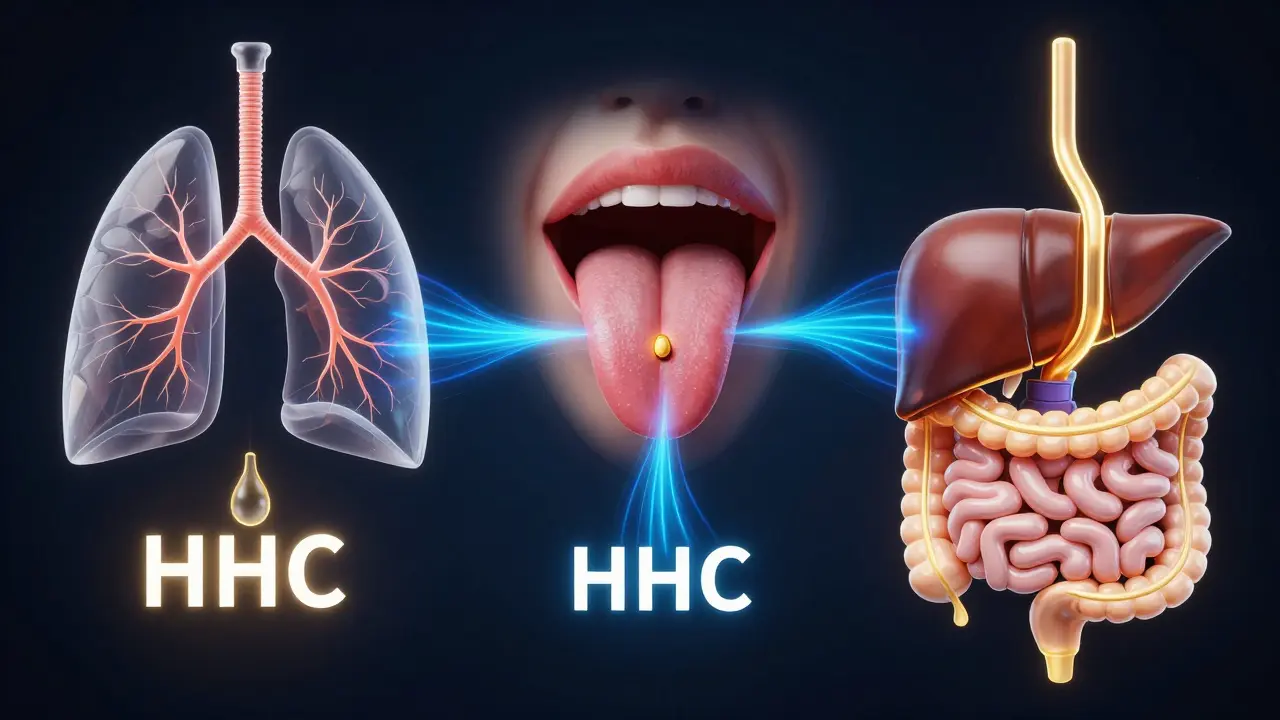 Konceptuální znázornění cest vstřebávání HHC přes plíce, jazyk a trávicí trakt.