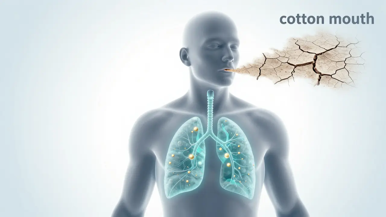 Konceptuální znázornění vstřebávání CBD v plicích a pocitu sucha v ústech.