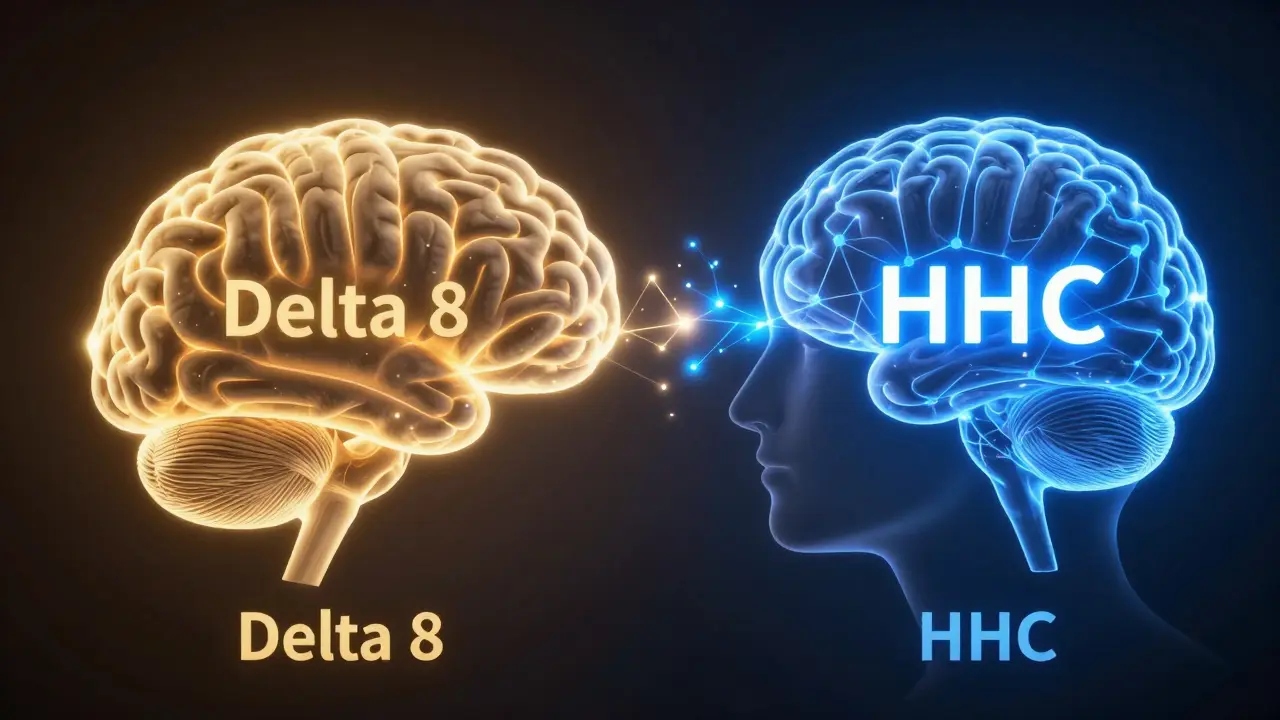 Konceptuální zobrazení působení Delta 8 a HHC na receptory v lidském mozku.