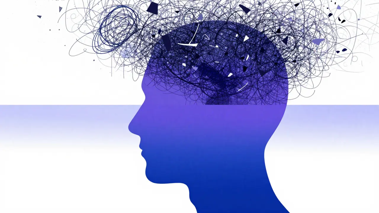 Kresba lidské hlavy znázornující přechod od mentálního chaosu k vnitřnímu tichu.