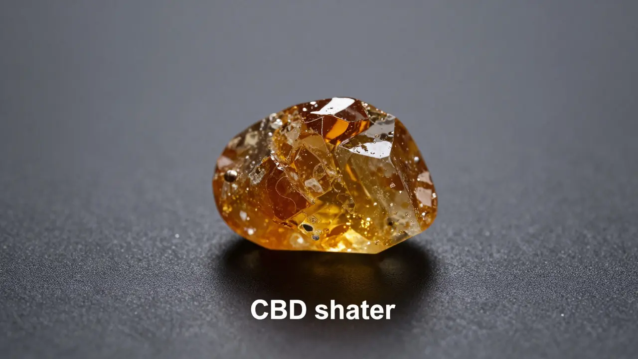 Makro detail koncentrátu CBD shatter připomínající zlatovélý krystal.