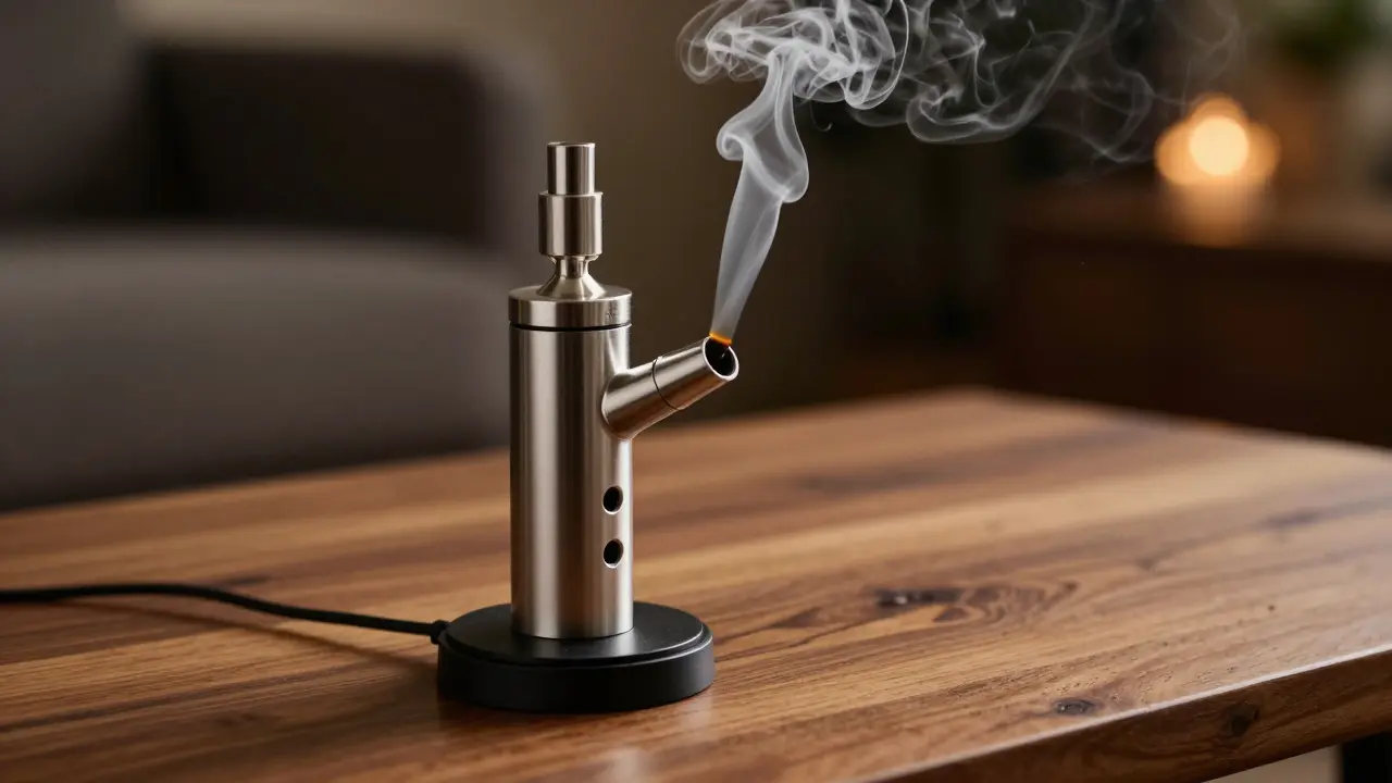 Moderní vaporizér s jemnou párou z vypařujícího se CBD koncentrátu.