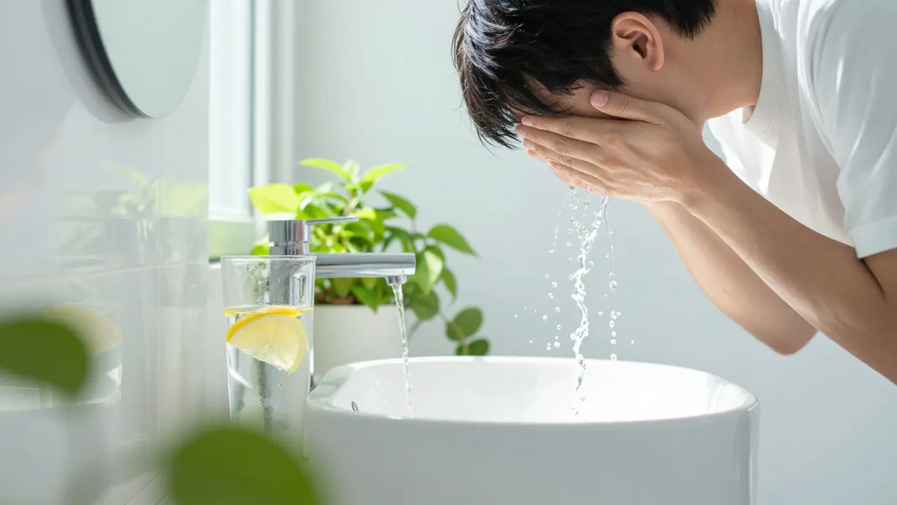 Osvěžení obličeje studenou vodou a sklenice vody pro odstranění únavy.