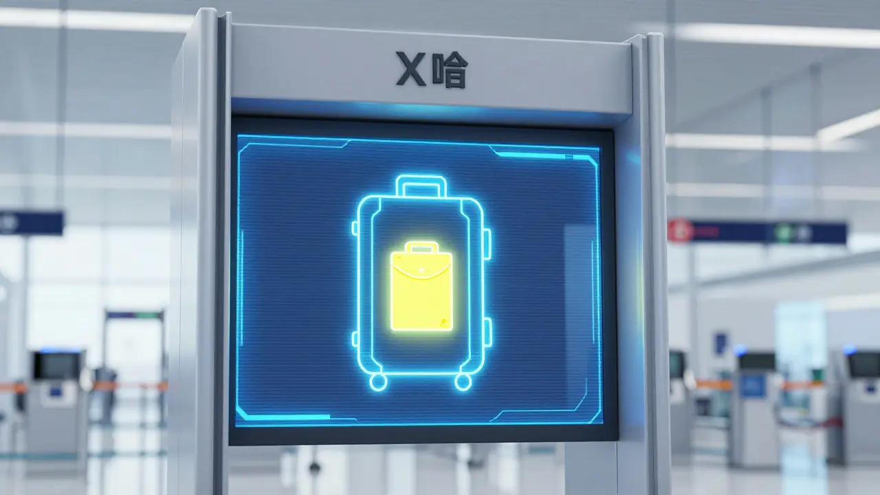 Rentgenový skener na letišti detekuje balíček v kufru v neonových barvách.