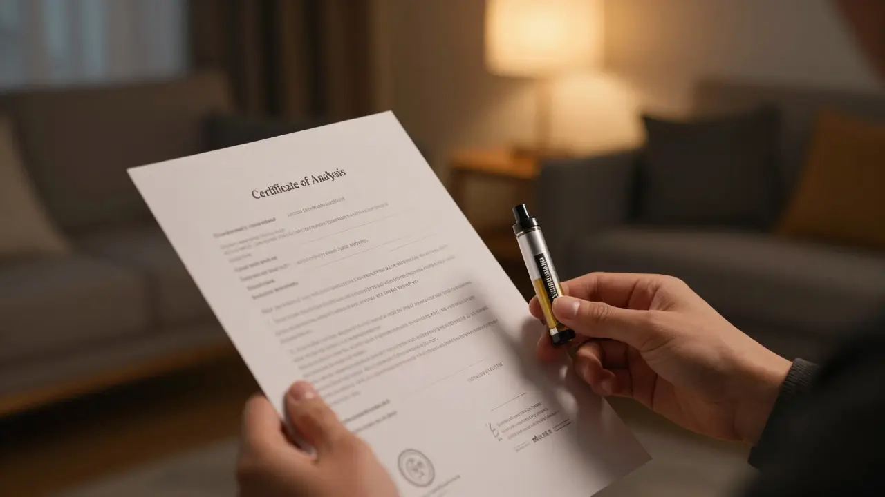 Ruka drží laboratorní certifikát COA vedle vapo-kartuče v domácím prostředí.