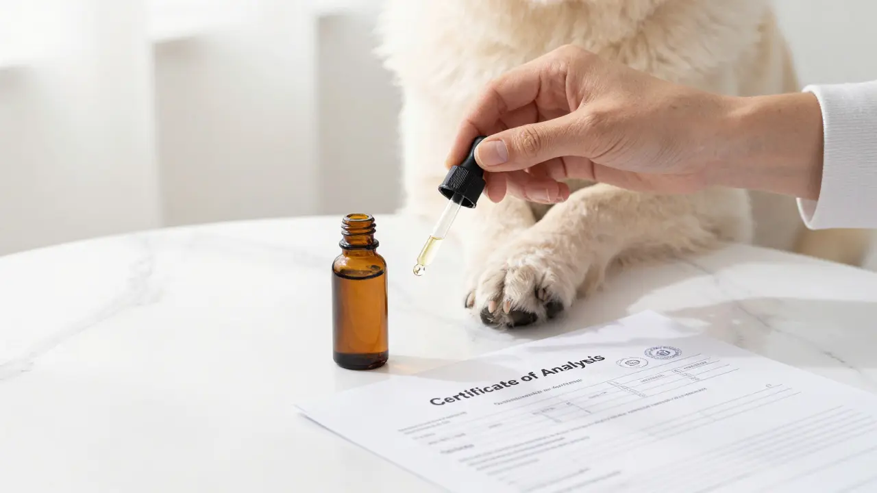 Ruka majitele s CBD olejem a certifikátem analýzy COA na stole.