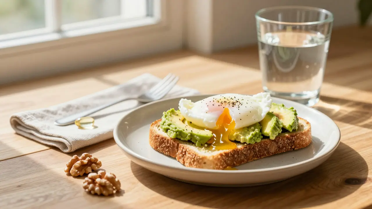 Snídaně s avokádem a ořechy vedle CBD kapsle