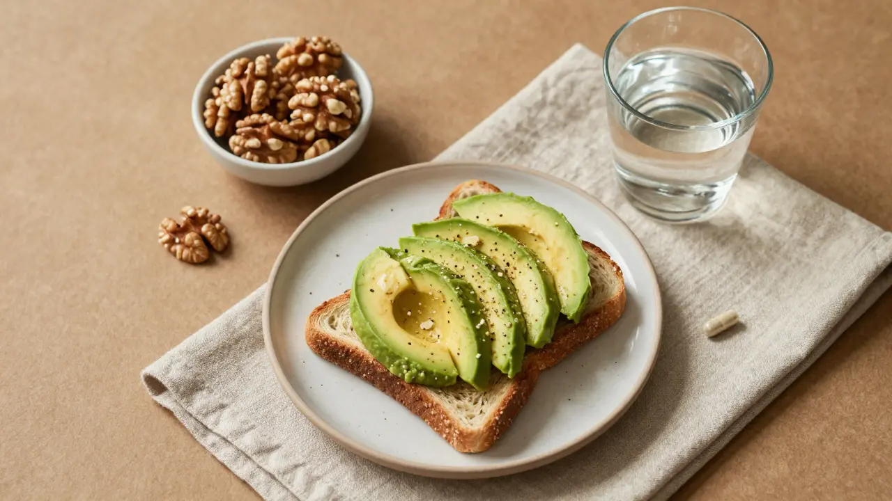 Snídaně s avokádo toastem, ořechy a CBD kapslí pro lepší vstřebání.