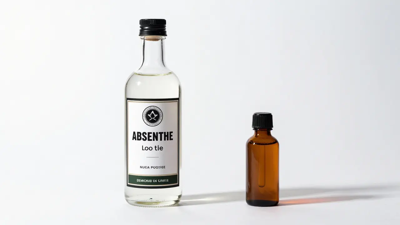 Srovnání lahve běžného absintu a malé lahvičky koncentrovaného esenciálního oleje.