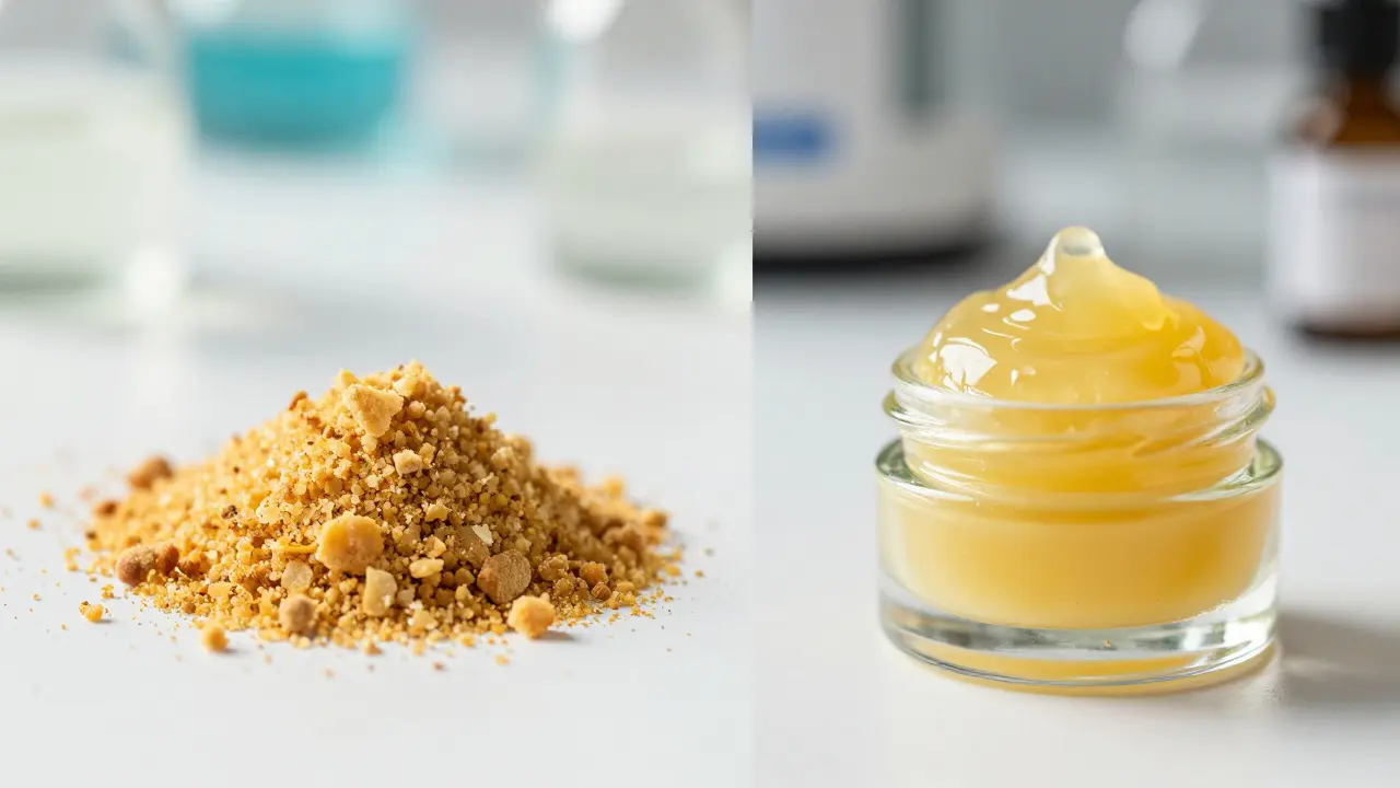 Srovnání textury CBD crumble a CBD waxu v malých skleněných skleničkách.