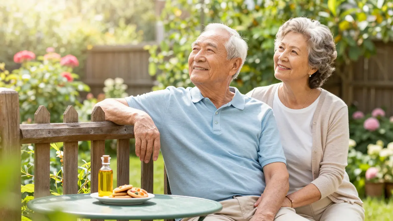 Šťastný seniorský pár v zahradě s CBD olejem a cookies na stole.
