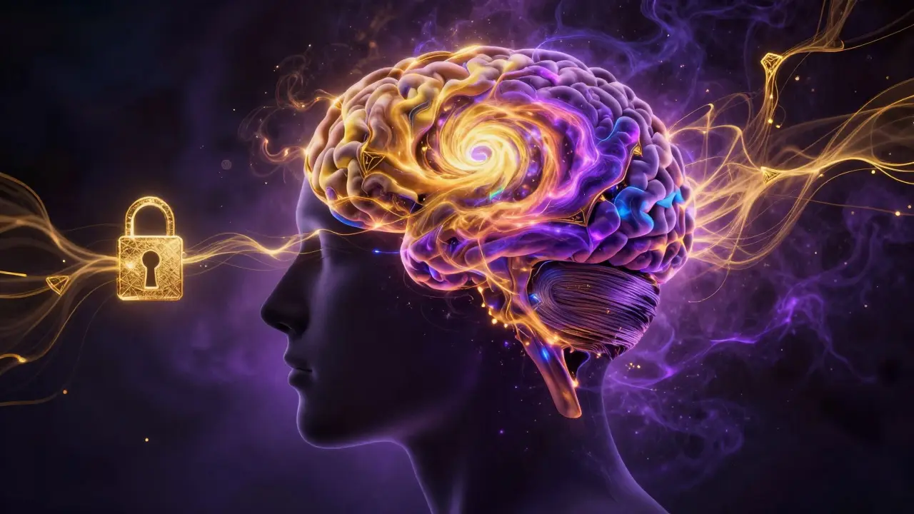 Surrealní zobrazení lidské mysli zaplavené neonovými barvami a energetickými proudy.