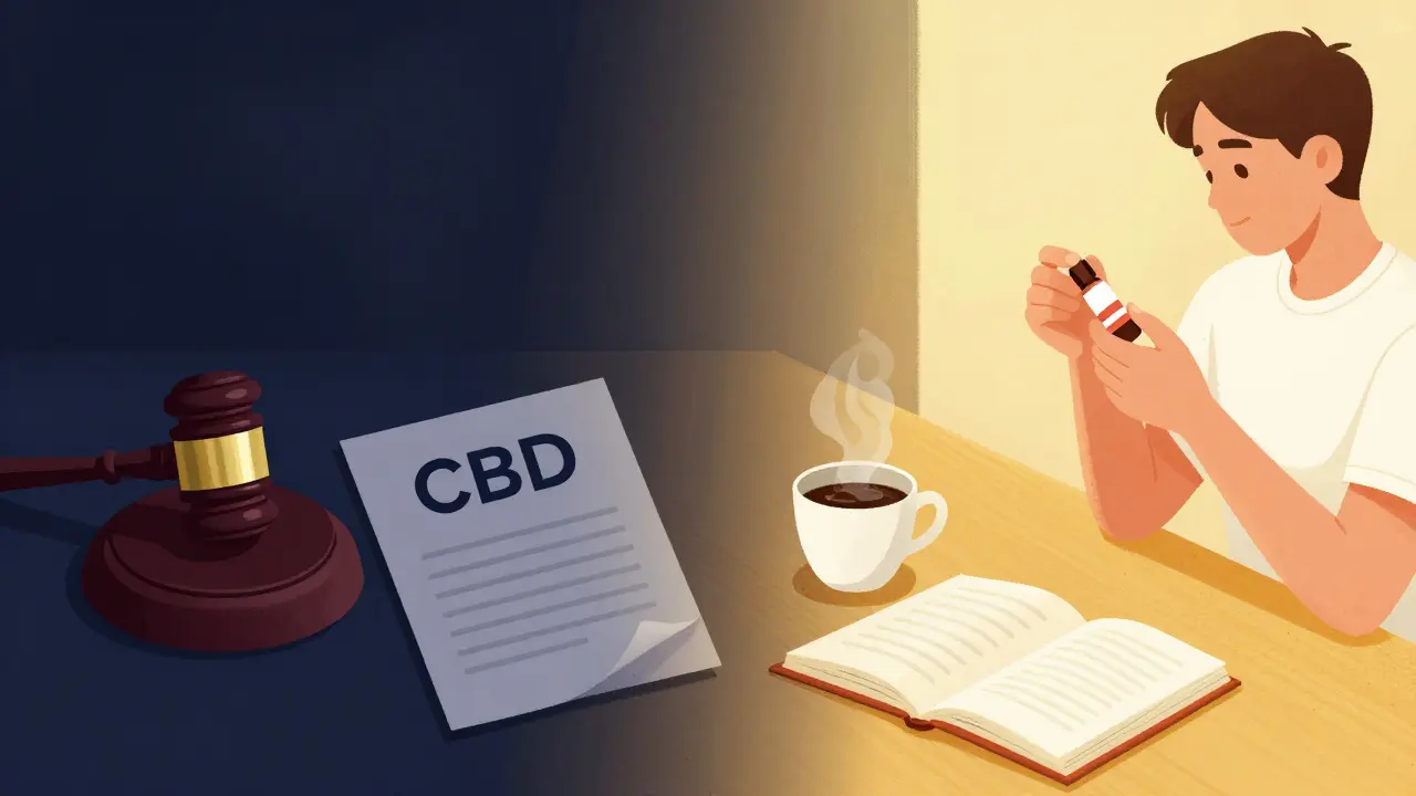 Umělecké znázornění přechodu od přísných zákonů k běžnému každodennímu užívání CBD produktů.