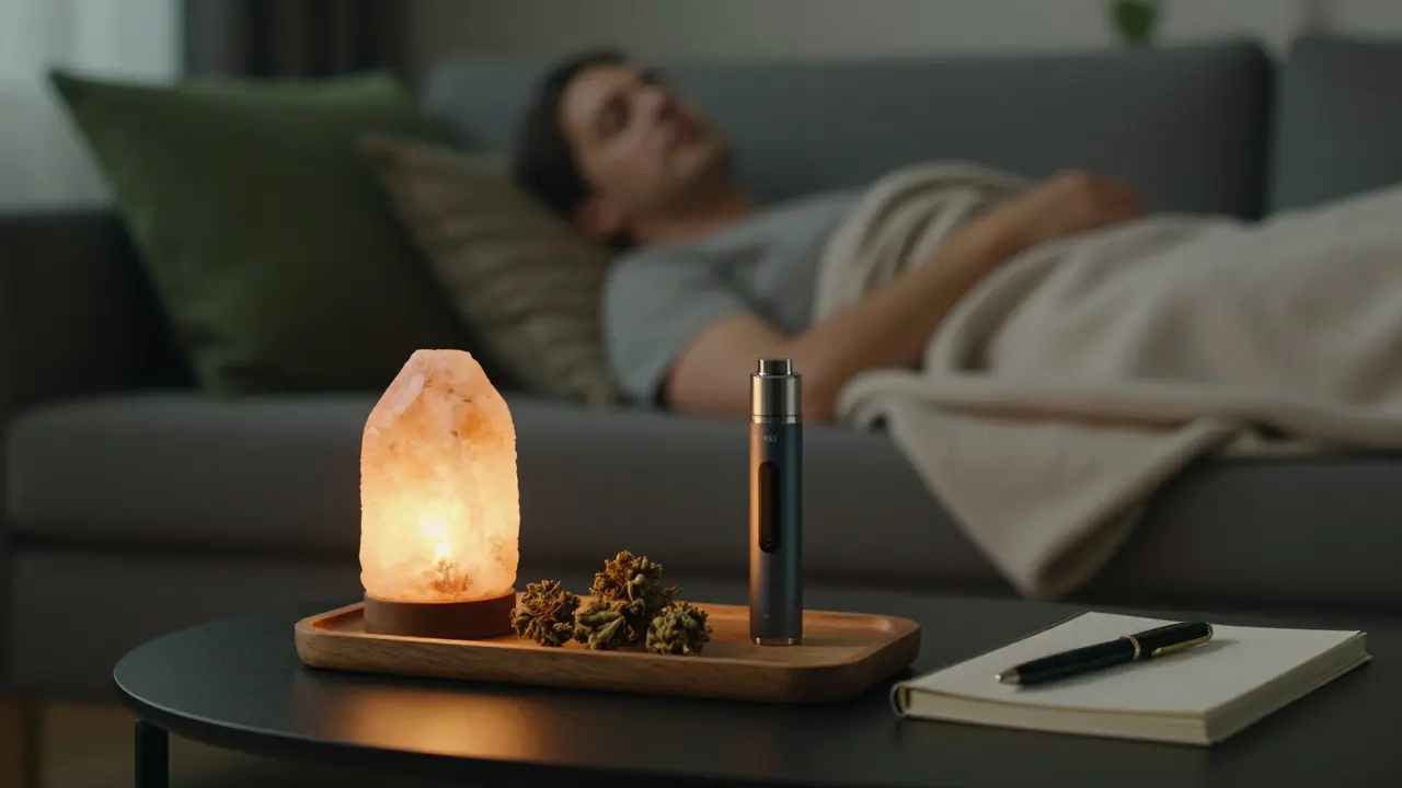 Večerní rituál s CBD květy, vaporizérem a deníkem v útulném obývacím pokoji.