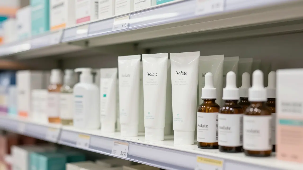 Výběr CBD kosmetiky a krémů v regále lékárny.