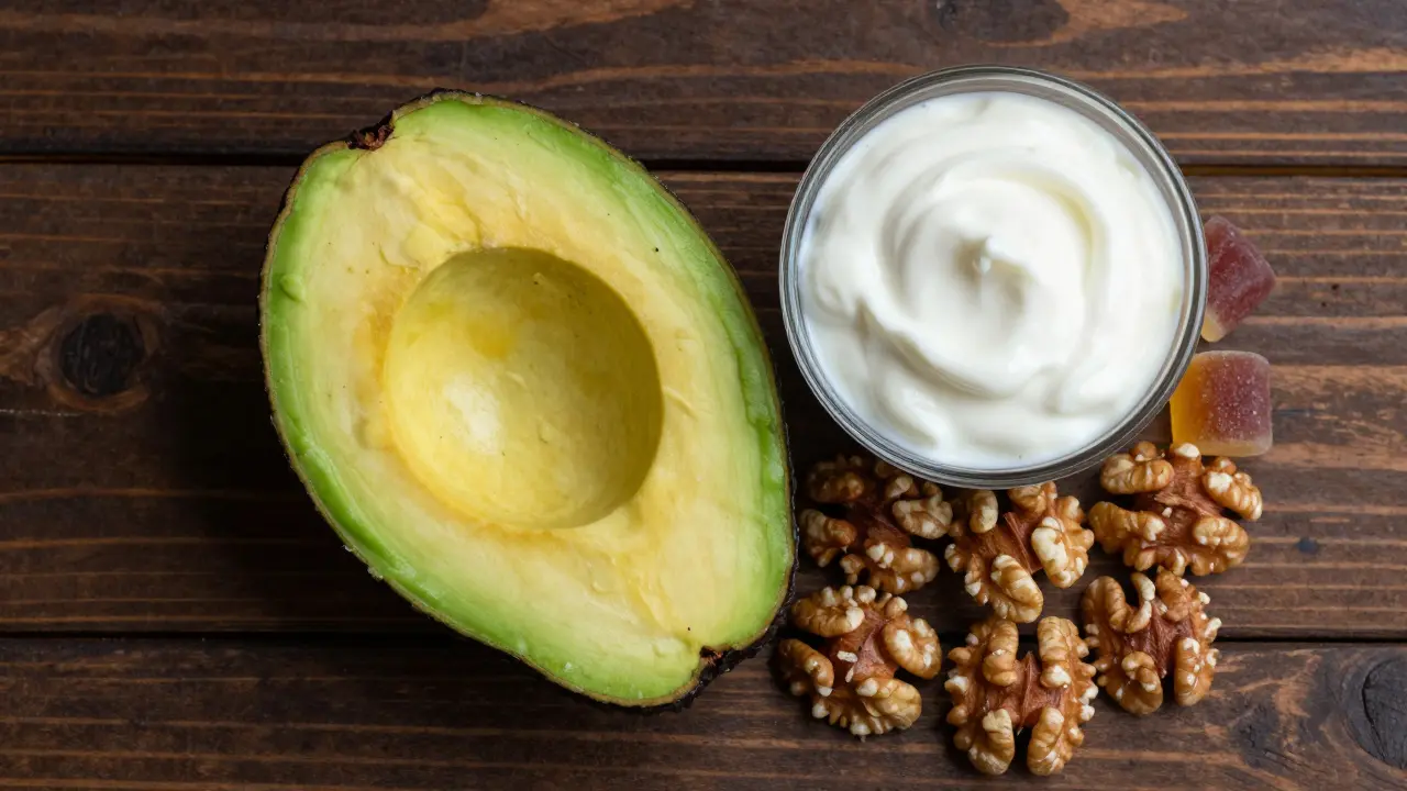 Zdravá svačina s avokádem a ořechy vedle CBD bonbonů.