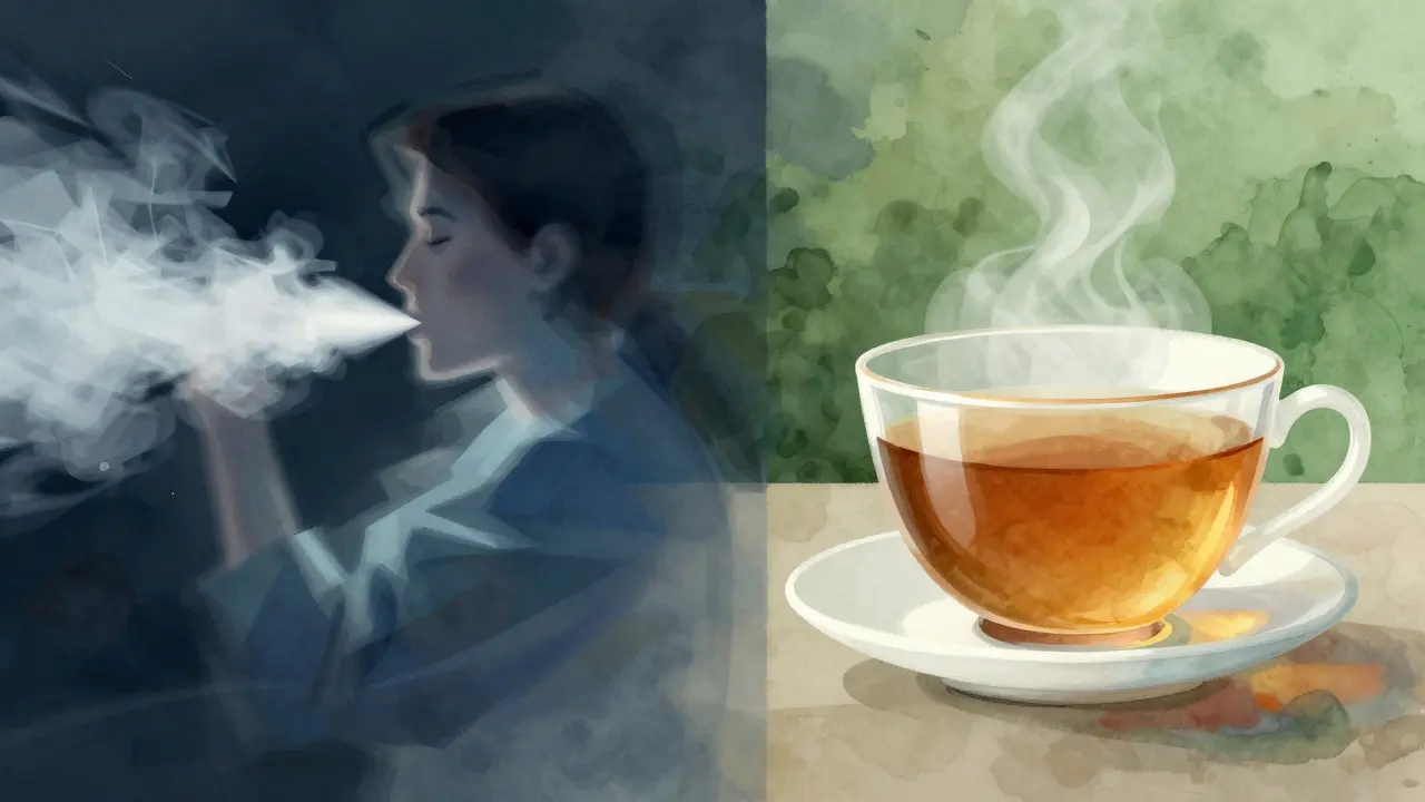 Abstraktní ilustrace porovnávání rychlého vapingu a pomalého čaje
