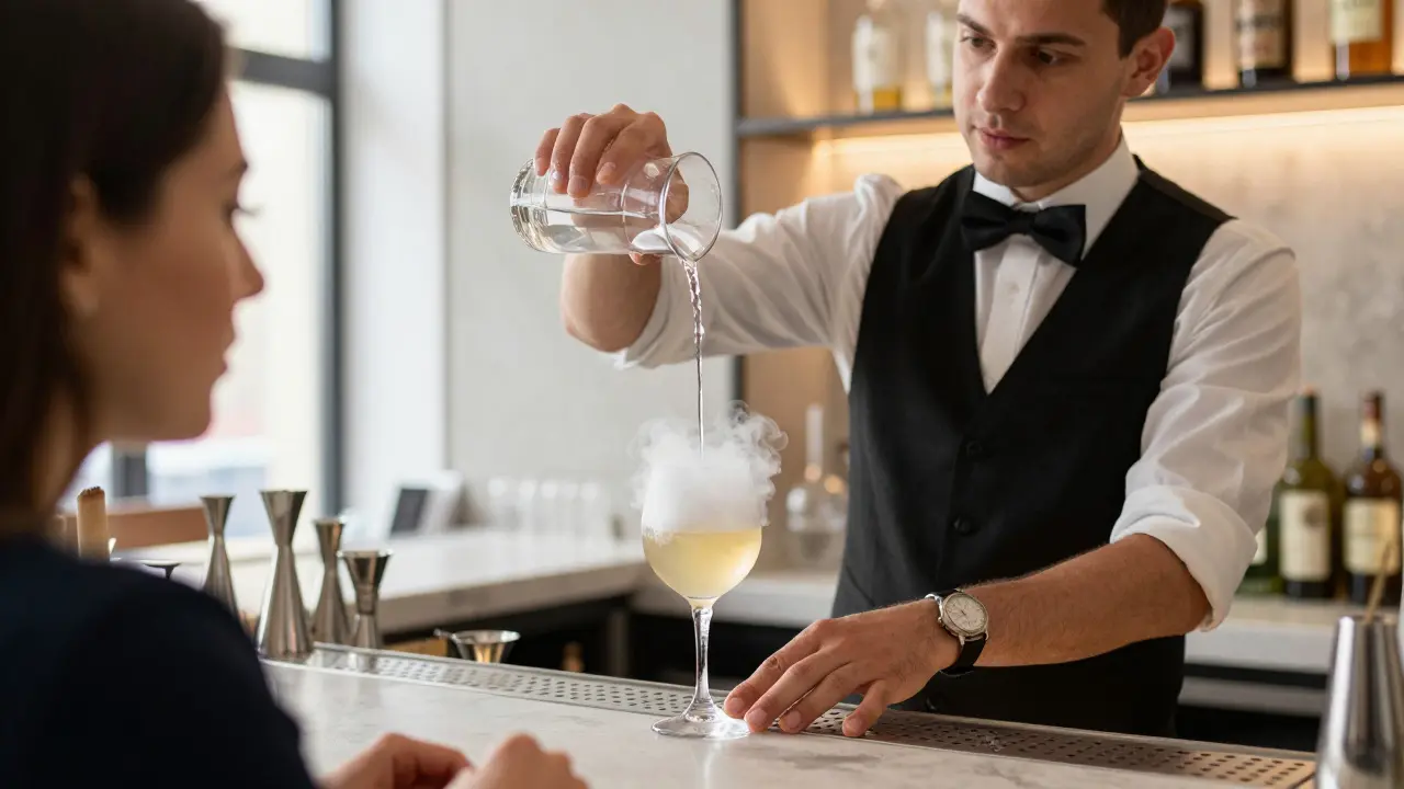 Barmanka připravuje absint tradičním způsobem v moderním pražském baru