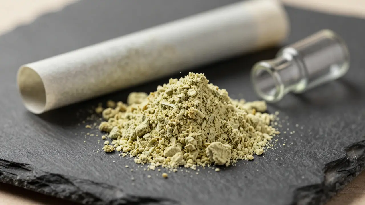 Detailní záběr na CBD crumble a kuřácké potřeby