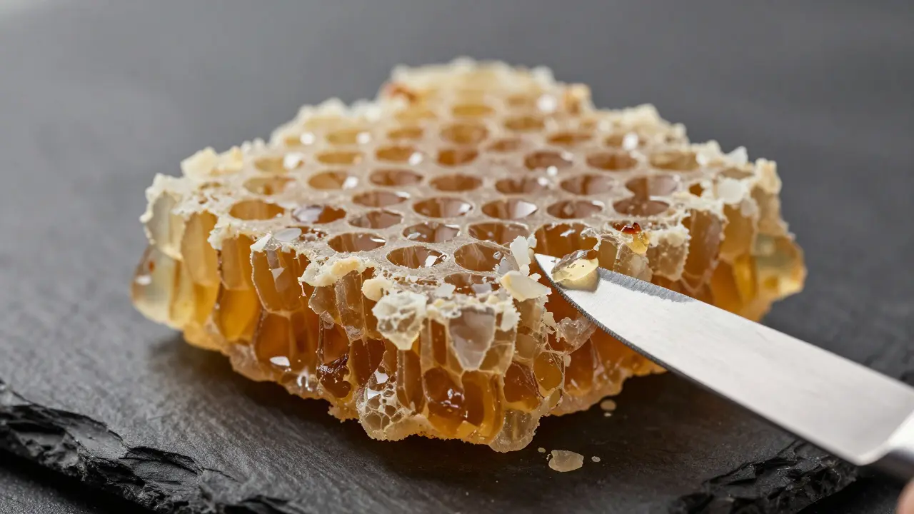 Detailní záběr na krystalický CBD crumble na tmavém podkladu