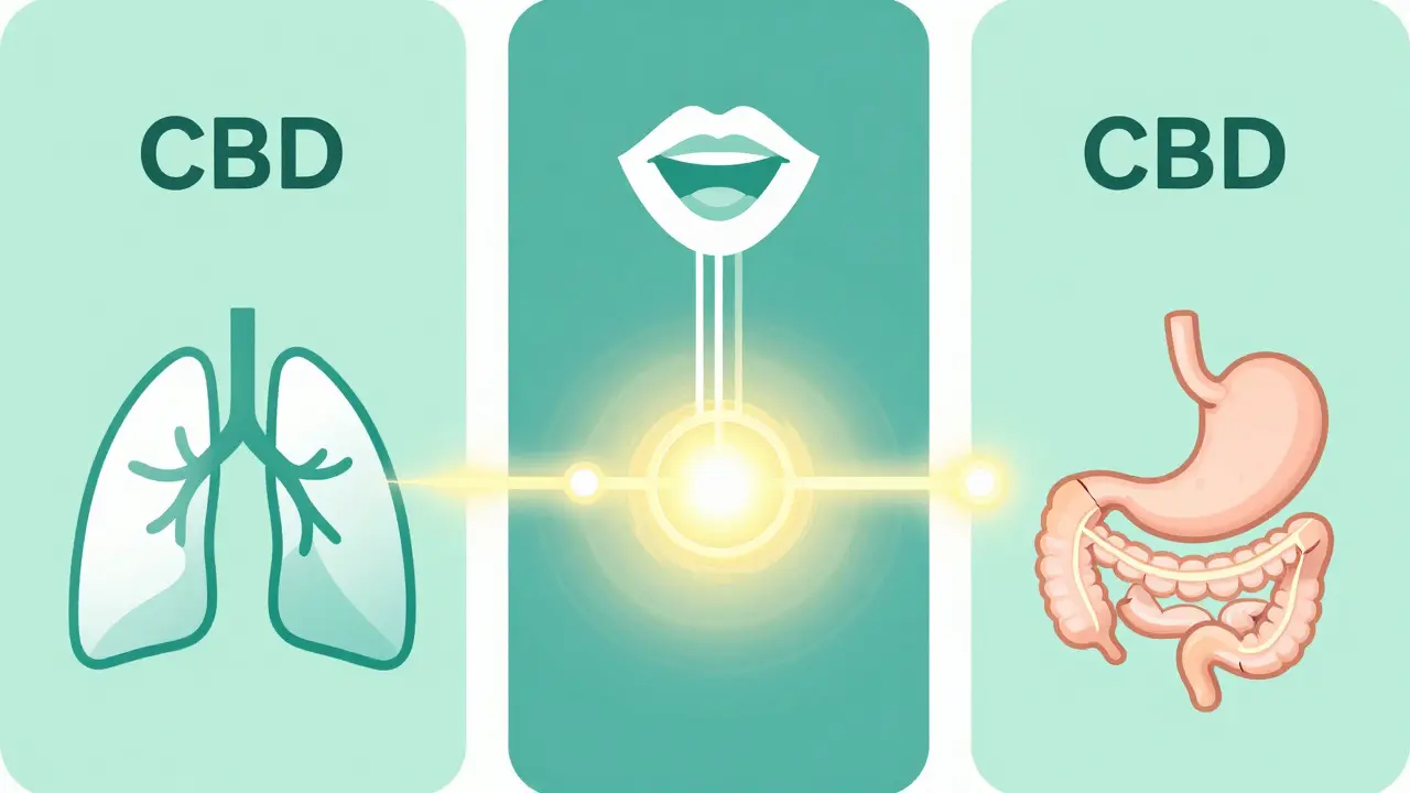 Ilustrace různých metod aplikace CBD: inhalačně, sublinguálně a ústně