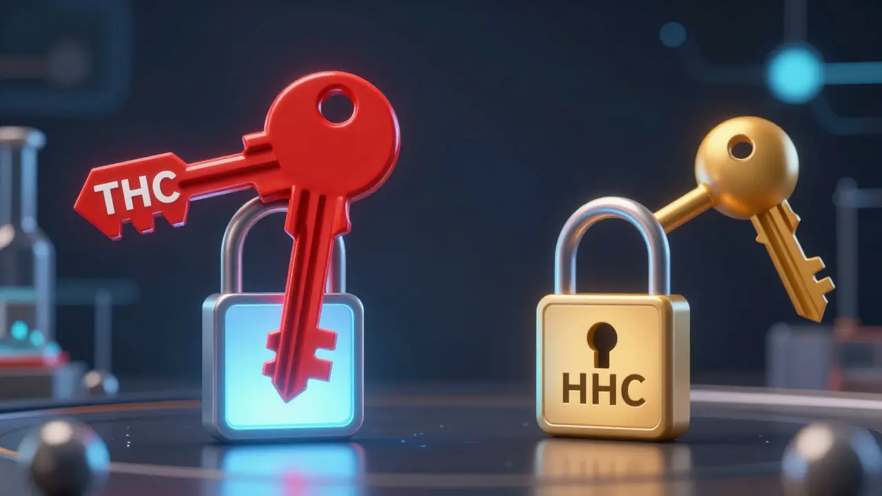 Konceptuální ilustrace srovnávající vazbu molekul HHC a THC na receptory