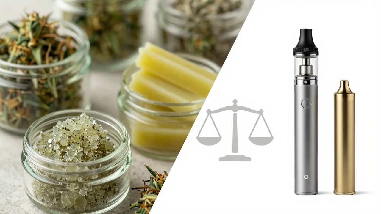 Konceptuální srovnání čistých konopních extraktů a přenosné vape karty v jednom obraze.