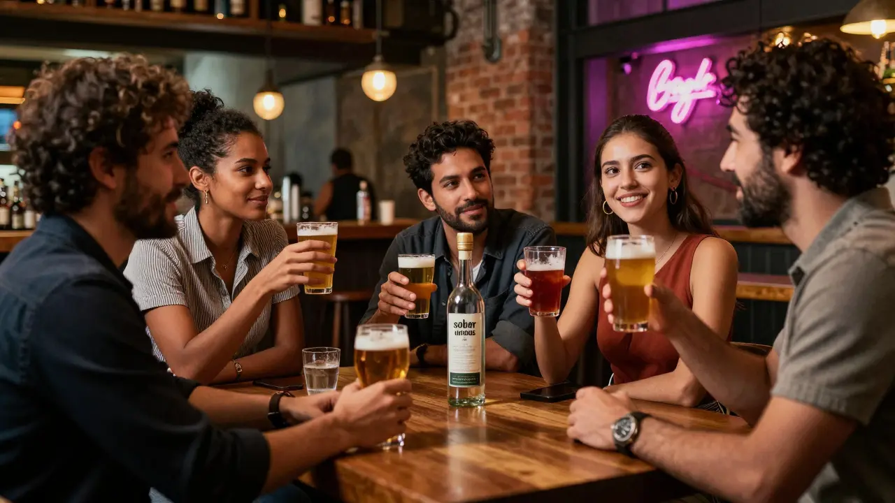 Mladí lidé si užívají řemeslné pivo a mezcal v trendovém baru
