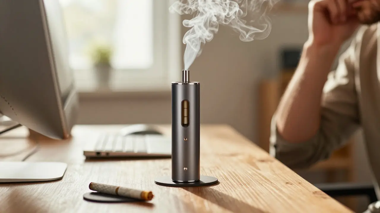 Moderní vaporizér vydávající páru v kanceláři s nezapáleným jointem na popředí.