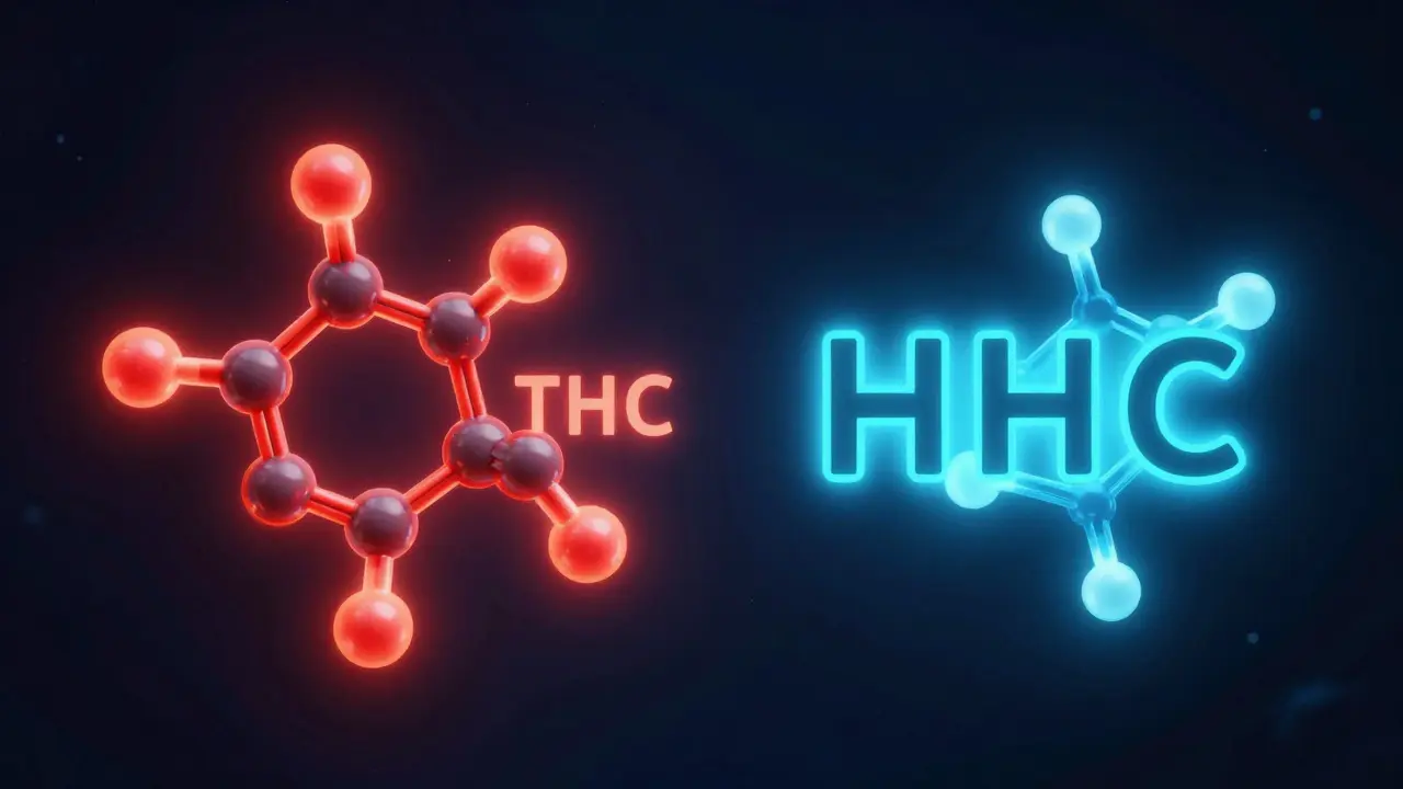 Porovnání molekul THC a HHC v tmavém prostoru