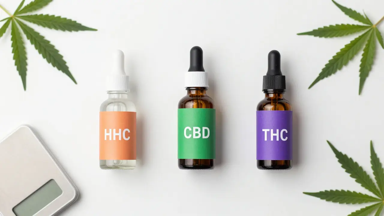 Srovnání lahví s CBD, THC a HHC jako vizuální reprezentace jejich účinků