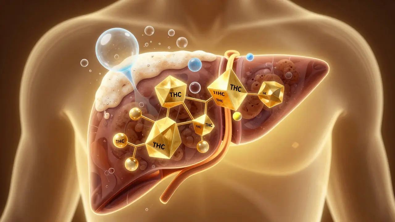 Umělecká vizualizace metabolismu THC v játrech